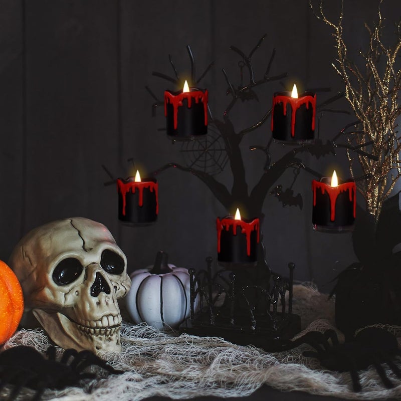 DRomance Black Flameless Votive Candles Battery Operated with Timer, 350 Hours Blood Dripping Small Real Wax Flickering LED Tea Light Candles Dinner Fall Halloween Decoration Lights(6 Pcs, 2" x 2.2") - Image 5